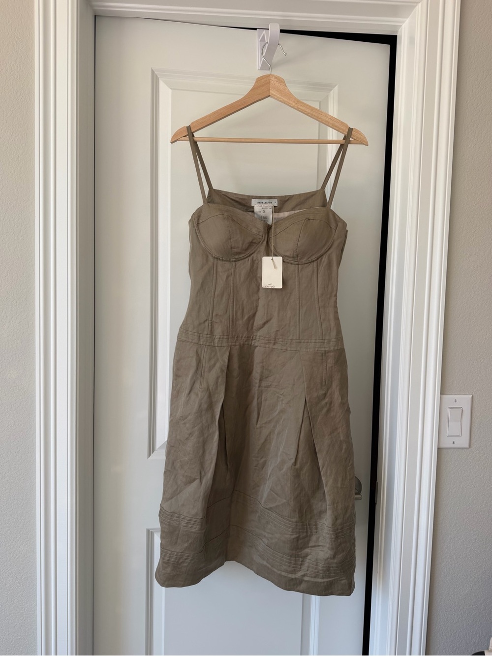 Rene Lezard Olive-Gray Linen and Silk Spaghetti Strap Dress